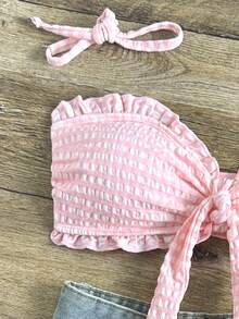 Swim Mod Bộ đồ bơi đi biển cho nữ, vải kẻ sọc hồng trắng có họa tiết, viền nhún bèo, dây đeo rời, thiết kế bandeau, bộ đồ bơi đi biển thường ngày thời trang và ngọt ngào - Hồng - Xem 4