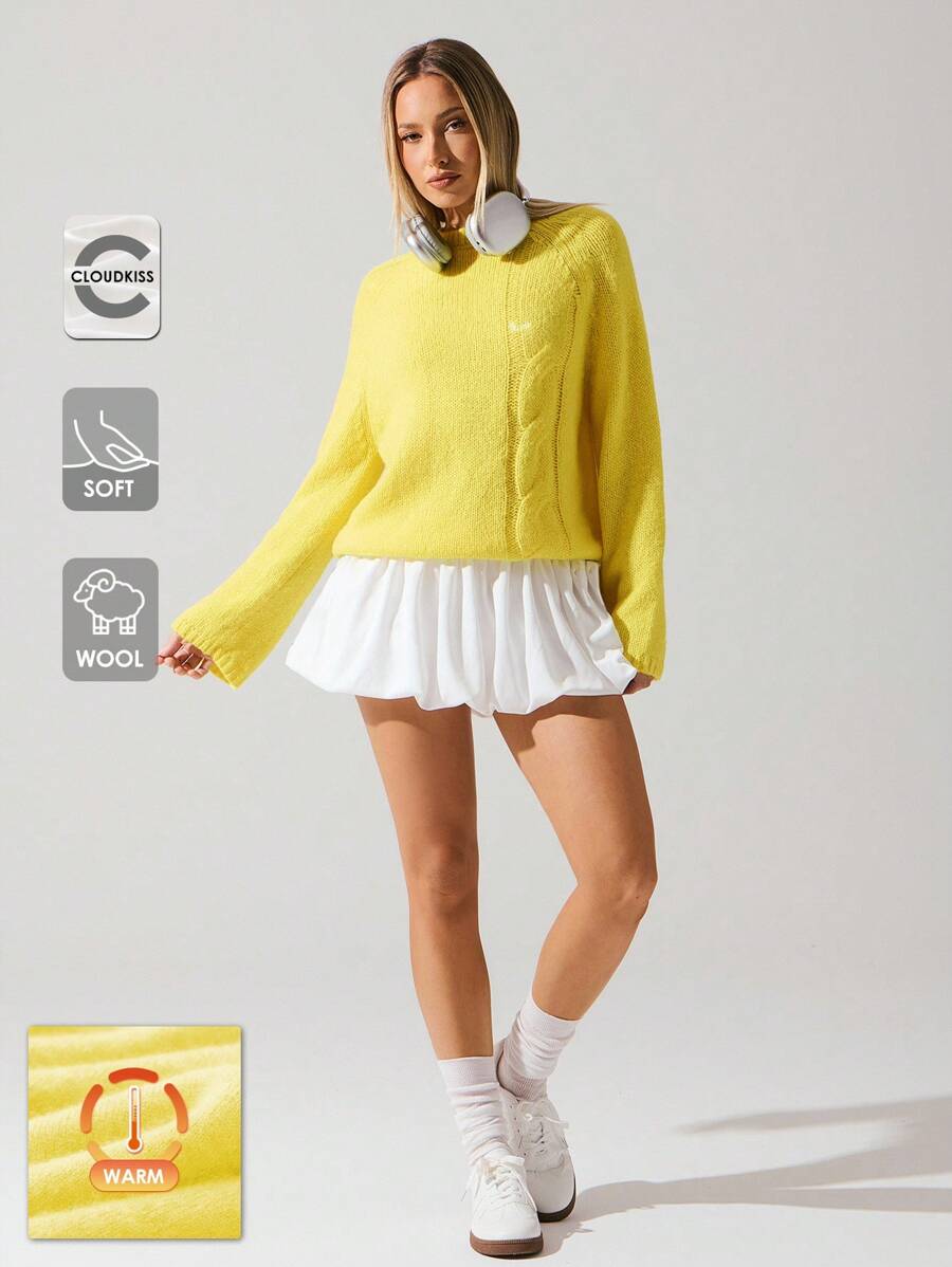 Menodora SHEIN Sport Women's Casual The Light Yellow Semi-High Neck Twisted Sweater Coat Is Slim And Versatile For Autumn,Back To School,Contains Wool Content - Yellow - View 1