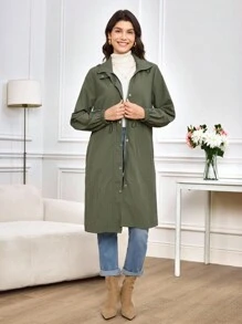 Miaspire Women's Fall And Winter Trench Jacket, With Functional  And  Fabric, Hooded Design, Drawstring Waist, Zipper Cardigan Design, Suitable For Going Out, High Collar  Collar Design, Multiple Design Points Of Side Pockets Long Windbreaker Jacket,Zip Up Hooded For Women - Army Green - View 3