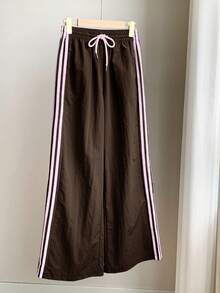 Comfortcana 女式棕色侧条纹松紧腰休闲宽松运动裤 - 棕色 - 查看 4