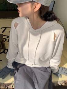 DAZY 镂空连帽露肩长袖薄款独特设计宽松上衣