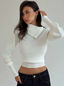 Aloruh New Stylish Casual Warm Winter Stand Collar Asymmetrical Asymmetric Button Oversized Batwing Sleeve Knit Sweater - Beige - View 4