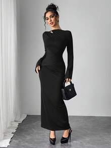 Modelyn Abito elegante da donna a maniche a campana di colore unito - nero - Visualizzare 6