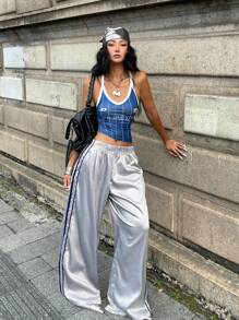 Coolane 女款春夏 Y2K 街头潮流约会夜撞色丝带条纹皮革运动长裤