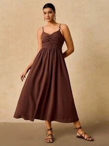 Travachic Váy dây xếp ly màu trơn cỡ lớn dành cho nữ, phong cách nghỉ dưỡng, trang phục nghỉ dưỡng cho nữ, trang phục nghỉ dưỡng cho nữ, trang phục đi biển, trang phục mùa hè cho nữ, váy mùa hè cho nữ, váy cho nữ, váy mùa hè - màu nâu - Xem 7