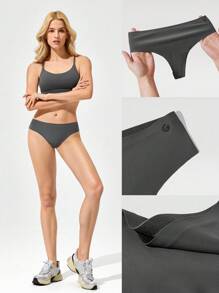 GLOWMODE 2 Packs Lightweight Breathable Sweat-Wicking Medium-Waist Seamless No-Show Thong Underwear Daily Workout - Dark Grey - View 9