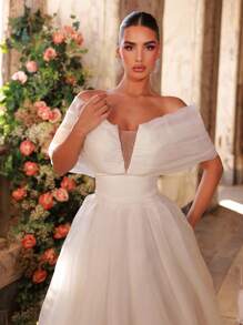 Glamrae Váy maxi chữ A dáng chữ A cỡ lớn, cổ chữ V, màu trắng tối giản, trang trí nơ trễ vai ấn tượng, đính đá Rhinestone, có dây buộc có thể điều chỉnh, thích hợp mặc đi biển, đám cưới trên bãi cỏ, nhà thờ, chụp ảnh, tốt nghiệp, váy cưới - trắng - Xem 4