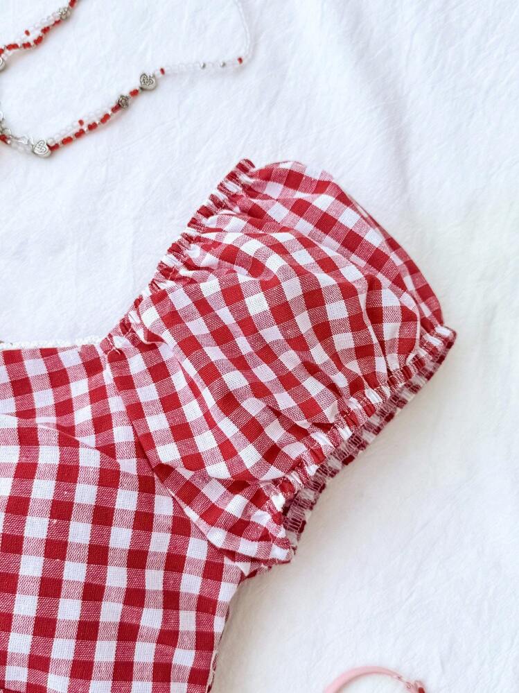 Tween Girl Casual Minimalist Comfortable Plaid Back Strap Shirt - Red and White - View 6