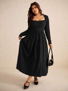 Elaquor 大码女式休闲简约百搭百搭方领针织拼接黑色中长连衣裙，秋季 - 黑色 - 查看 4