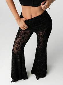 SHEIN ICON Women's Exaggerated Flare Lace Sheer Long Pants,Fall - Black - View 3