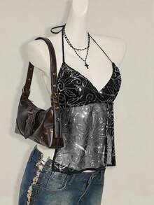 SHEIN ICON Women's Y2K Sexy Sequin Mesh Backless Halter Neck Top Sequin Tank Top Clubbing Tops - Black - View 3