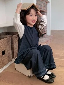 DAZY 两件套女童圆领无袖韩版牛仔衬衫和宽松牛仔裤套装 - 藍色 - 查看 6