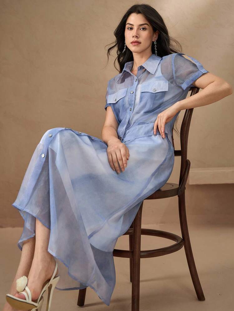 2pcs Women's Patchwork Sheer Pocket Shirt And Skirt Set