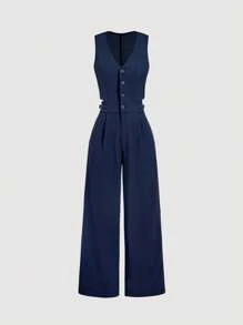 SHEIN MOD Tuta intera smanicata blu navy a vita alta con gamba ampia per donna