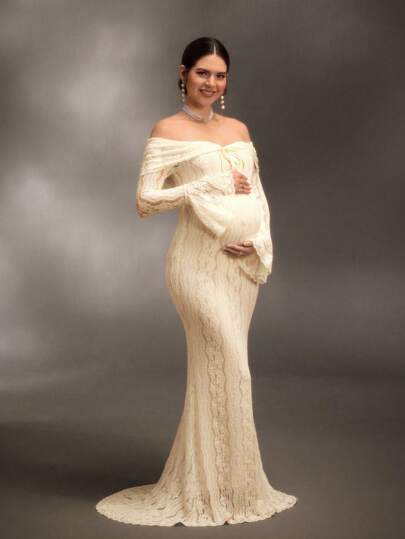 Cheriluna Maternity 优雅露肩白色蕾丝长袖美人鱼长裙，适合婚礼、派对、迎婴派对、孕妇写真拍摄、洗礼