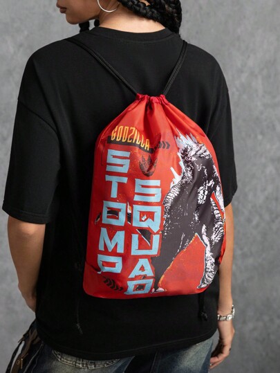GODZILLAxKONG X SHEIN 1pc Cartoon & Letter Graphic Drawstring Backpack, Gym Bag, Rucksack, Casual Bag, Travel Bag, Sports Beach Bag, Unisex