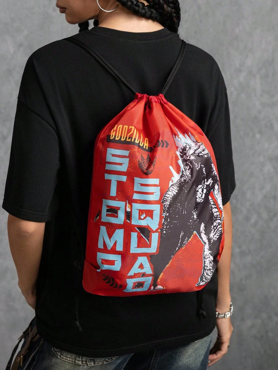 GODZILLAxKONG X SHEIN 1 件卡通字母图案抽绳背包、健身包、帆布背包、休闲包、旅行包、运动沙滩包、男女通用 - 紅色 - 查看 1