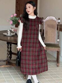DAZY Girls Plaid Dress With Flutter Sleeves, Casual Plaid Pinafore Dress, Fashionable Street Style For Fall/Winter - Multicolor - View 7
