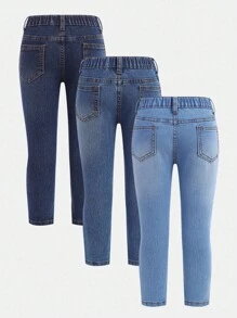 SHEIN 3件套少女深蓝色、中蓝色、浅蓝色弹力修身牛仔裤，秋冬季时尚度假装 - 彩色 - 查看 6