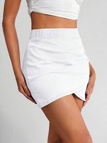 Flexra Women's Casual Solid Color Wrap Fitted Denim Mini Skirt, Summer/White Tight Skirt/Y2K Denim Skirt/White Denim Skirt - White - View 8