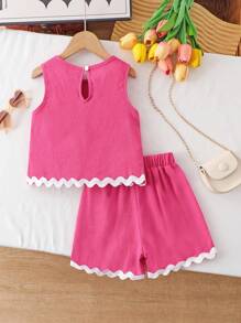 2pcs Young Girl Textured Fabric Contrast Hem Sleeveless Top & Casual Shorts Set Girls Pink Two Piece Set Girls Summer Outfits Pink Short Sets Girls