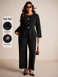 Elaquor Plus Size Black Metal Buckle Decor Long Sleeve Suit Set Formal Suit Plus Size Office Wear In Spring - Black - View 4