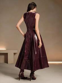 Anewsta Women's Long V-Neck Red Dress Burgundy Maxi PU Leather Women Outfit - Burgundy - View 5