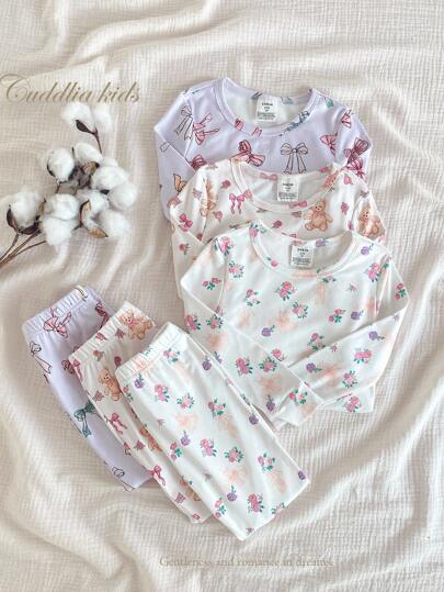 Set de 6 piezas de ropa de dormir ajustada para niñas, con diseños de oso de dibujos animados, lazos y estampados florales, de diseño minimalista casual, con top de manga larga cuello redondo y pantalones, adecuado para volver al colegio, primavera/otoño/invierno