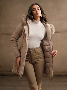 Anewsta Women's Waist Drawstring Hooded Jacket, Mid-Length - Khaki - View 12