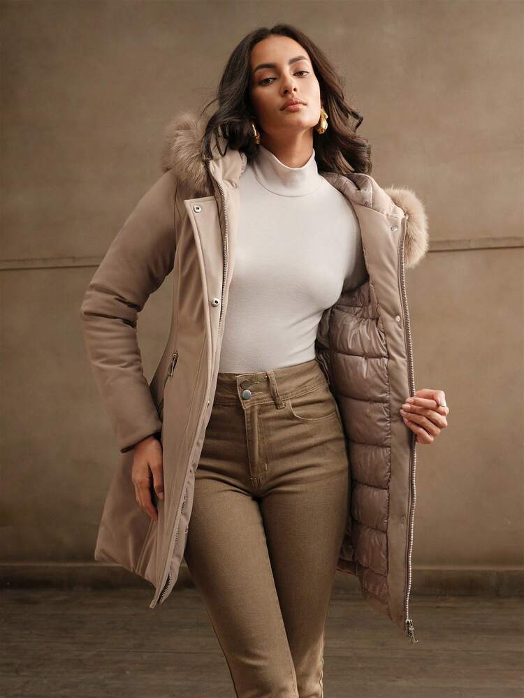 Women's Waist Drawstring Hooded Jacket, Mid-Length