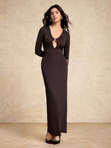 House of One Jacquard Knit V-Neck Bodycon Long Sleeve Midi Dress With Metal Ring Women Casual Elegant Autumn Long Sleeve Bodycon Dress Brown Bodycon Dress Dark Brown Dress Brown Long Sleeve Dress