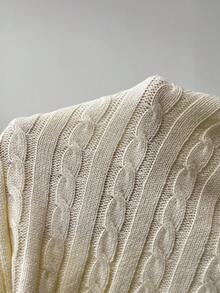 SHEIN EZwear 2026 Spring & Summer New Casual Outgoing Daily Wear Party Date Birthday Music Festival Back To School Commute Valentine's Day New Year Shirt Collar Cardigan Long Sleeve Horse Logo Embroidery Cable Knit Cardigan Knitwear Apricot Cream Color Preppy Style Plus Size Sweater