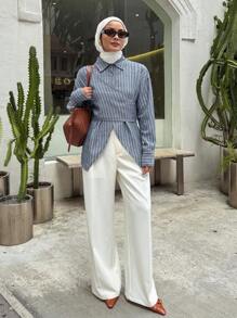 DAZY 休闲条纹宽松系带不对称女式衬衫，款式端庄时尚，长袖 - 藍色 - 查看 3