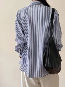 DAZY 女士休闲条纹宽松衬衫，条纹衬衫长袖上衣 - 藍色 - 查看 2