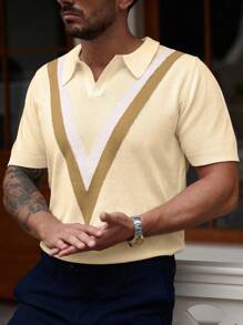 Manfinity Homme Men's Striped Short Sleeve Casual Loose Knit Sweater Knit Jersey V Neck Sweater Short Sleeve