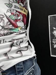 EgrlEra 女士玫瑰印花短袖连帽 T 恤 - 白色 - 查看 5