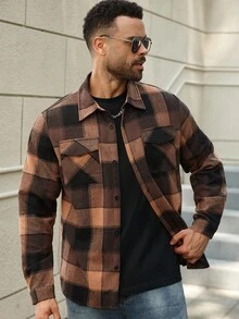 Manfinity Homme Camicia casual a maniche lunghe con motivo a quadri, taglia oversize, per uomo. Camicia in flanella da esterno, stile western, camicie a quadri da uomo, camicia in flanella marrone per uomo