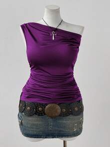 Sunspun Plus Size Off Shoulder Ruched High Stretch Dark Coffee Cropped Casual T-Shirt, & Minimalist For Beach, Date, Party