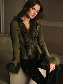 MOTF PREMIUM CARDIGAN SLIM FIT CU DETALII DE BLÂNĂ ARTIFICIALĂ ÎN CONTRAST