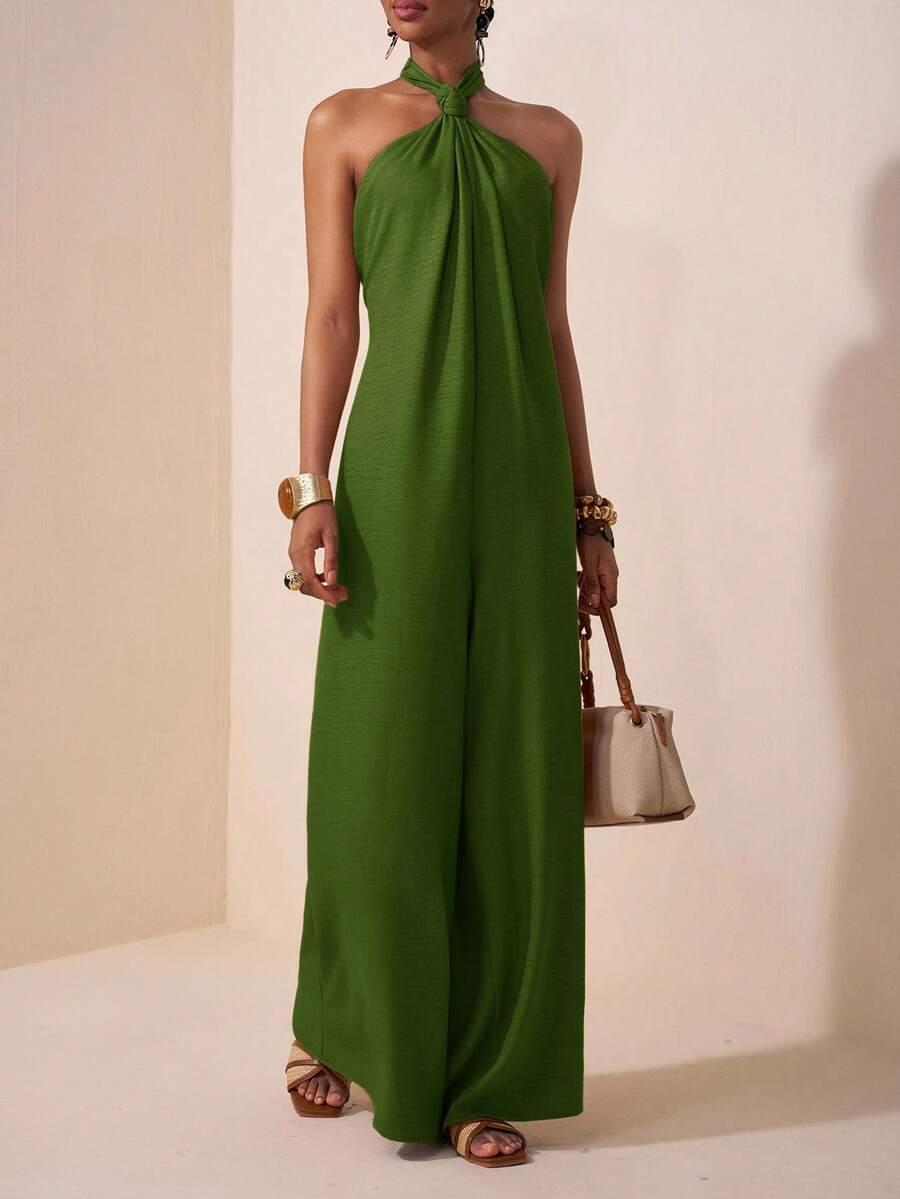 Zivah 2025 Summer New Music Festival Easter Mother's Day Wedding Season Attend Wedding Birthday Party Daily Casual Vacation Cruise Travel Beach Sunbathing Viral Elegant Casual Halter Backless Twist Loose Wide Leg Pants, Red-Brown, Women's Jumpsuit - Green - View 1