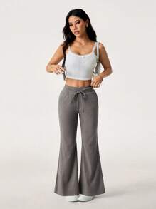 SHEIN PETITE 女士休闲纯色抽绳腰喇叭裤 - 灰色 - 查看 6