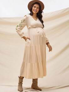 Boho Mama Autumn And Winter BOHO  Maternity Floral Print Strap Dress, Elegant For Vacation Summer Outfits Elegant Maternity Baby Shower Dress Fairycore