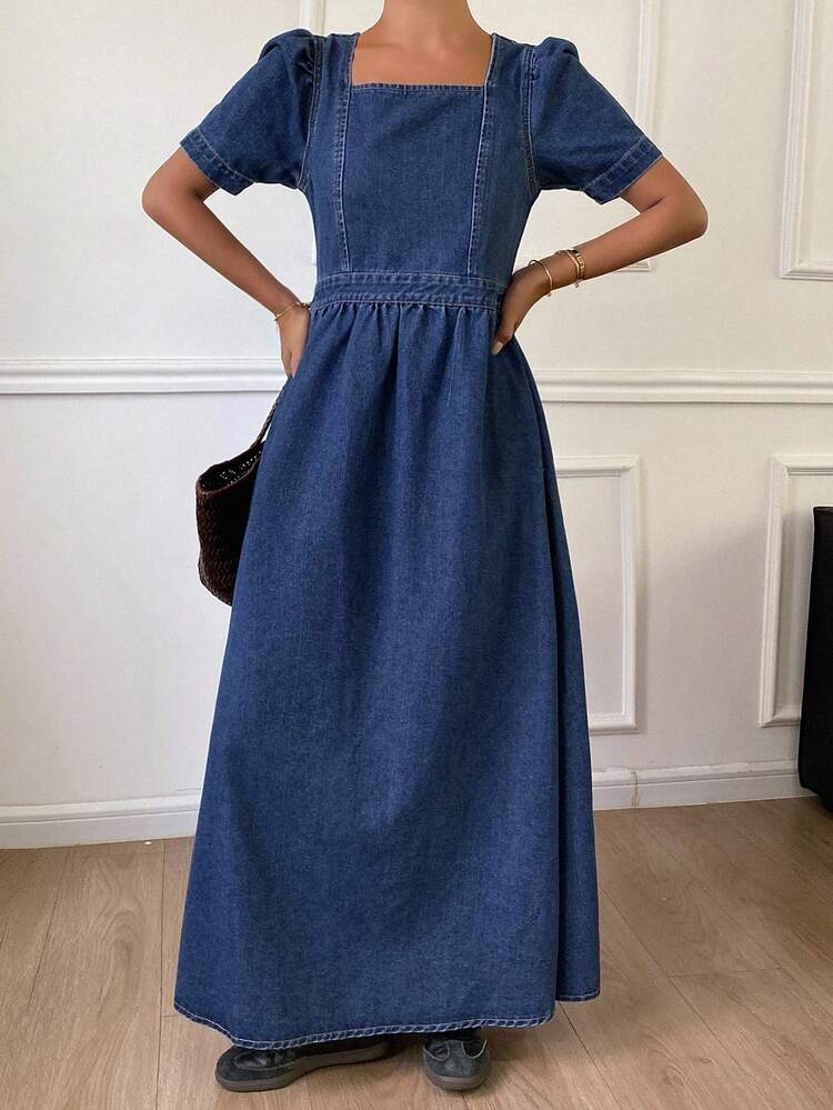 Women's Square Neck Solid Color Puff Sleeve Pleated Denim Dress
