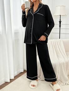 SHEIN 2件孕妇撞色长袖上衣和裤子套装 - 黑色 - 查看 6