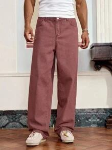 SWAVVY Quần Jeans Denim In Khẩu Hiệu Thường Ngày Cho Nam - Màu Đỏ Sâu - Xem 5