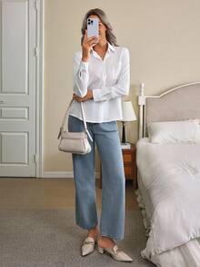 Louniche Patch Pocket Button Front Solid Shirt,Ladies Elegant Button,Pocket Long Sleeve Collar Regular Fit Regular White Regular Sleeve Shirt Women Blouses,Spring/Fall ,Professional/Business Attire/Workwear,Long Sleeve Tops