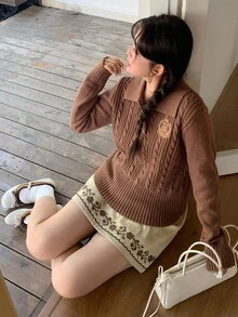 Dazy Plus Embroidered Pattern Half-Zip Collar Collegiate Style Cropped Long Sleeve Plus Size Women Casual Sweater, Autumn School - Khaki - View 5
