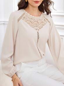 Miaspire Women's Elegant Blouse With Lace Patchwork, Fall/Winter, Fall Shirt For Women,Going Out Tops Women,Wedding Shirt Guest ,Business Casual Outfits Women,Old Money Style Women,Lace Romance,Delicate Romance Lace Blouse Elegant Blouse For Women Business Casual Tops For Women Long Sleeve Blouse Full Sleeve Tops,Chic Tops