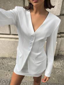 TrendSteals 女士优雅深V领收腰夹克和迷你裙套装 - 白色 - 查看 6