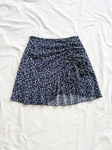 Soleia 碎花抽繩褶邊荷葉邊半身裙 - 寶藍色 - 查看 3